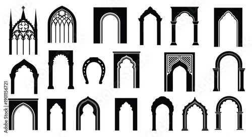 Diverse collection of archway silhouettes, showcasing architectural styles from Gothic to Islamic, ideal for decorative and historical design elements on white.