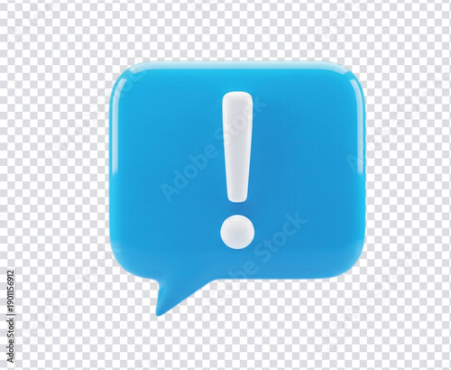 Blue 3D speech bubble with a white exclamation mark in the center, conveying a sense of urgency or alert. The background is plain white.