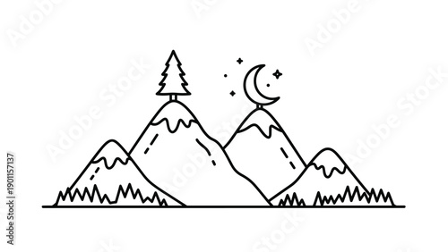 Serene line art landscape depicting rolling mountains with a lone pine tree and a celestial crescent moon surrounded by twinkling stars at night.