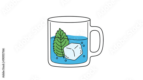 Refreshing illustration of a clear glass mug filled with cool water, fresh mint leaves, and a single ice cube, perfect for hydration.