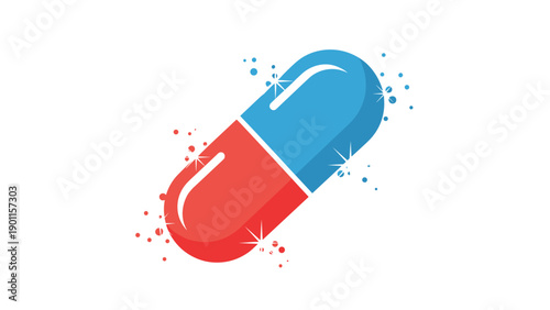 Red and blue medical capsule or pill with sparkling effects, representing medicine, health, treatment, and pharmaceuticals.