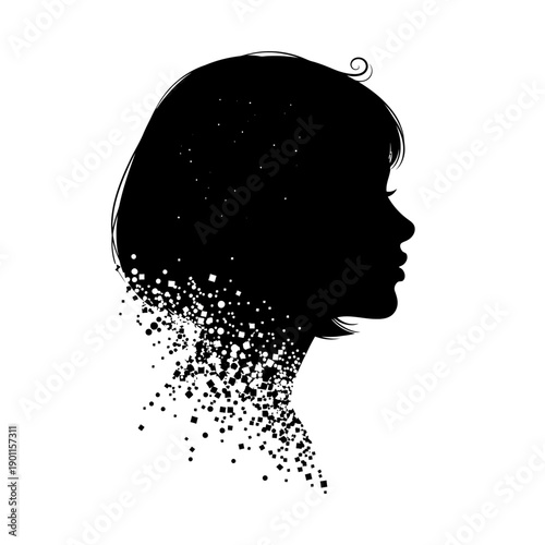 Woman Silhouette Disintegrating into Particles on White Background