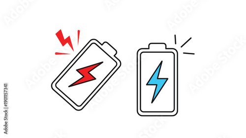 Two battery icons with lightning bolt symbols, one in red (low power) and one in blue (charging), indicating battery status.