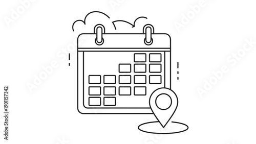 Outline illustration of a calendar with a location pin and cloud elements, signifying event planning or appointments with location details.