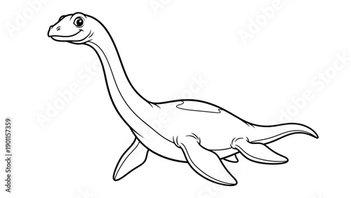 Plesiosaur Swimming in Ocean, Line Art Illustration vector icon