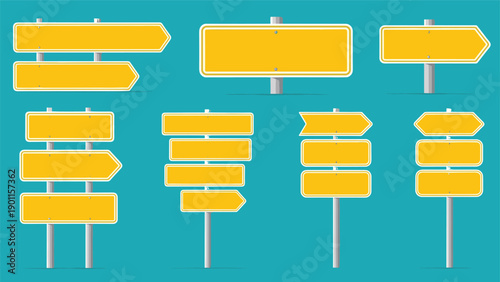 Collection of blank yellow road signs and direction posts in various configurations, ready for custom text and symbols.