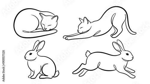 Cat and Rabbit Line Art Illustration Set vector icon