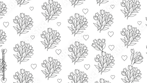 Elegant seamless pattern featuring charming bouquets of tulips interspersed with small hearts, perfect for springtime and romantic designs.