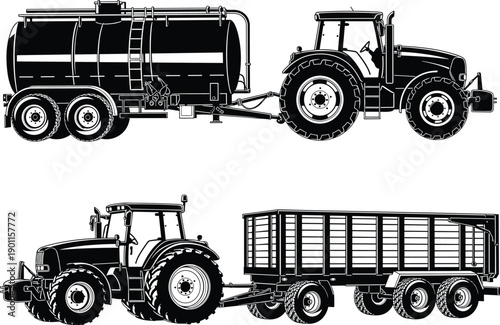Modern agricultural tractor with tanker and trailer vector illustration, heavy farm machinery silhouette, rural industrial equipment, farming logistics transport, agriculture machine clip art.