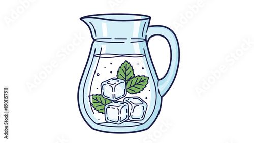 Refreshing illustration of a clear glass pitcher filled with cool water, fresh mint leaves, and ice cubes, perfect for summer hydration.