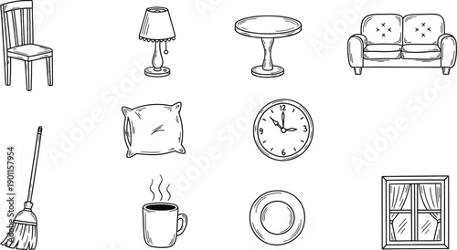 Illustrations of various household items on a simple background 