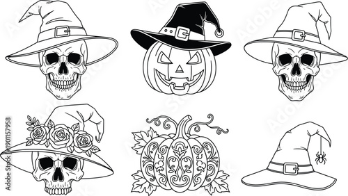 Halloween skull and pumpkin illustration set, witch hats with flowers and spiders, spooky gothic fantasy, black and white line art vector