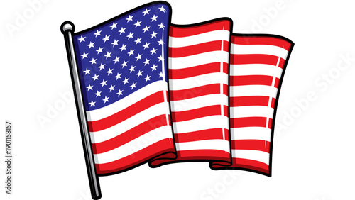Vector illustration of a waving US flag on a pole, symbolizing freedom and national pride