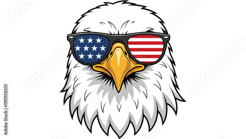 American eagle wearing sunglasses with US flag pattern, vector illustration, symbolizing freedom and patriotism, isolated on a clean background, front view