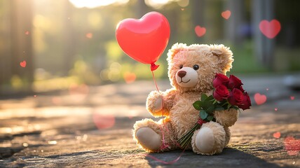 A teddy bear holding a bouquet of roses with a heart shaped balloon