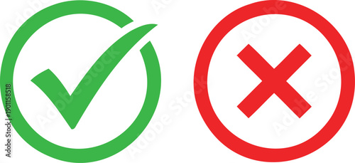 Check and Cross Mark Icon Set - Green Tick and Red X Circle Symbols for Approval and Rejection Vector Illustration