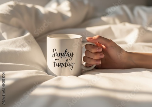 Wallpaper Mural Cozy weekend bliss Hand holding a 'Sunday Funday' mug, enjoying a leisurely morning in bed Torontodigital.ca