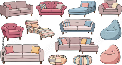 Modern Living Room Sofa And Armchair Collection With Cushions Chaise Lounge Bean Bags And Poufs In Cozy Vector Illustration