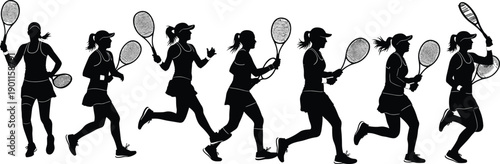Collection of female tennis player silhouettes in various action poses, running and swinging rackets, black vector icons on white background.