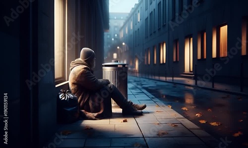 A homeless person sits next to a trash can at night.