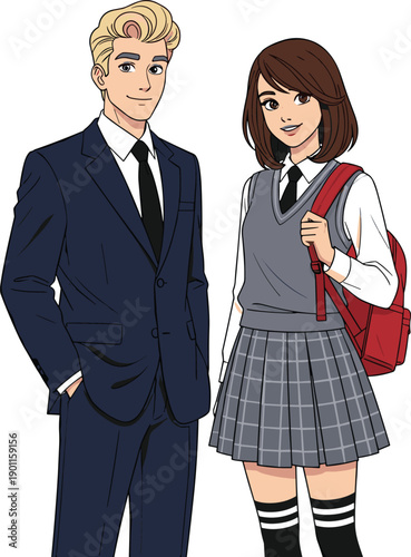 Anime style illustration of young man in suit and schoolgirl with backpack, modern student characters concept for education, fashion, youth lifestyle design.