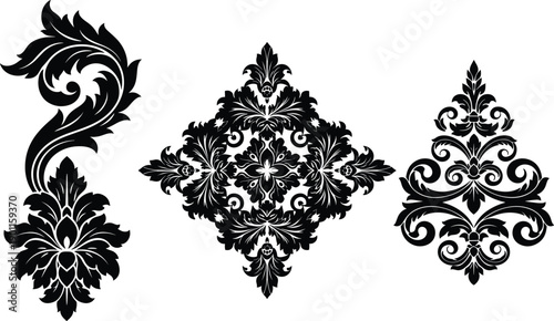 Vintage damask floral ornament set, black baroque patterns on white background, decorative scrolls for wedding invitations, elegant classic Victorian designs.