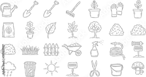 Gardening tools and icons for planting flowers and trees outdoors