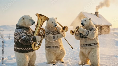 Polar Bear Brass Band Performing in Snowy Winter Landscape with Cabin.