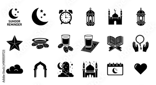 Islamic Cultural Symbols and Ramadan Vector Icons for Spiritual Observances and Traditions
