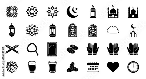 Harmonious Blend of Islamic Faith Symbols and Ramadan Observance Icons for Spiritual Reflection and Cultural Expression