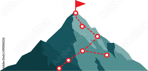 Business mountain roadmap infographic with red flag at summit for goal achievement and project strategy milestones vector illustration