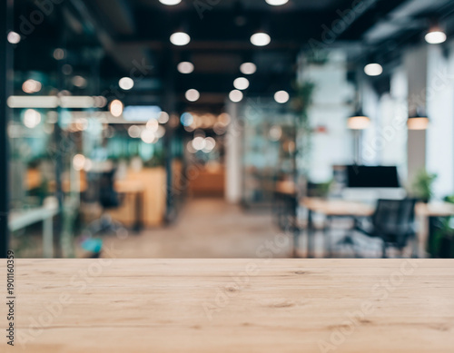 Blurred background of modern open space office interior with bokeh lighting
