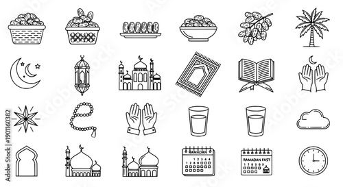 Ramadan Icons Crescent Moon, Mosque, Dates, Prayer Mat, Quran, Calendar, Clock