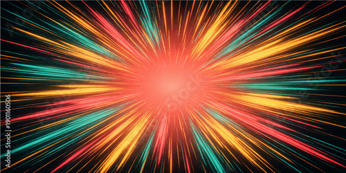 Vibrant abstract vector background featuring a colorful starburst explosion of light rays and fractal patterns in a glowing rainbow design of red, orange, and pink energy