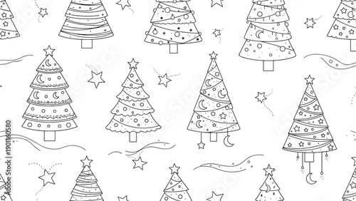 Joyful seamless pattern showcasing a charming assortment of decorated Christmas trees, adorned with twinkling stars and crescent moons, celebrating the holiday season.