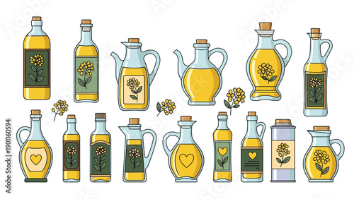 Comprehensive collection of high-quality rapeseed oil in various elegant bottles and jugs, adorned with natural rapeseed flowers, ideal for healthy cooking.