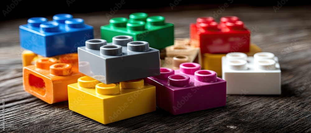 Naklejka premium Brightly colored lego bricks arranged in a fun pattern for children to play and create with their imagination on a textured background