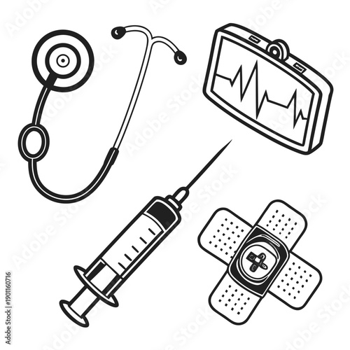 Set of medical icons showing healthcare equipment and doctor diagnostic tools in a simple design