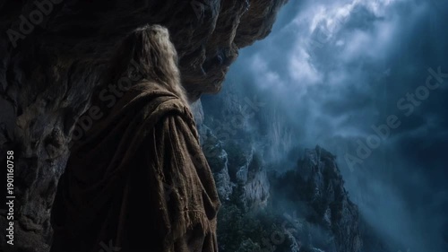 Prophet Elijah waiting in a cave on Mount Horeb.
Old bearded man in a robe praying in solitude amidst a dramatic storm and dark blue atmosphere.
He awaits answer from JHWH.