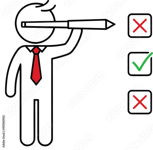 Stick figure businessman character marking checklist with pen for project management and business task completed concept vector illustration