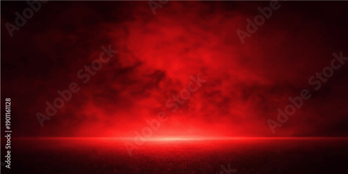 Abstract red background with fractal white smoke design featuring dark fire textures and a sunset cloudscape backdrop over a deep space horizon