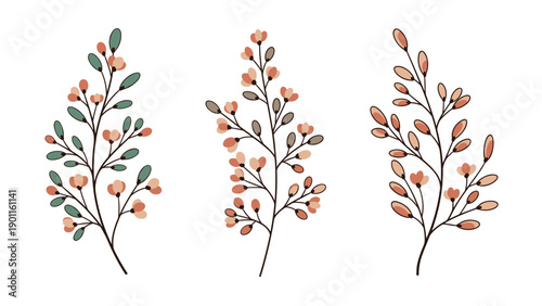 Delicate set of three hand-drawn floral branches adorned with small pink and orange blossoms and vibrant green leaves, ideal for natural designs.