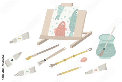 Hand drawn artist tools set with easel, paint tubes, brushes and water jar. Soft pastel flat vector illustration for art studio, creativity, painting class, hobby and kids projects.