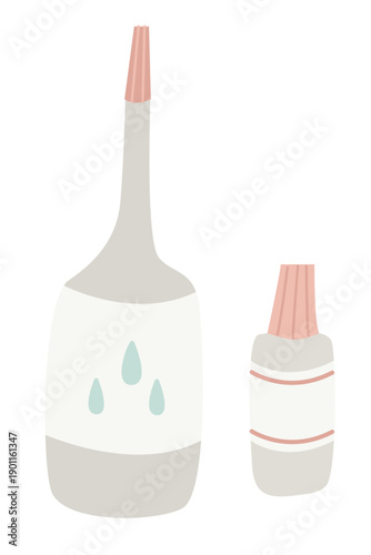 Hand drawn glue bottle and correction fluid set. Soft pastel flat vector illustration for school supplies, office stationery, scrapbooking, planner, DIY crafts and study projects.