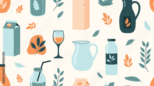Eclectic seamless pattern showcasing a mix of various beverage containers including bottles, cartons, glasses, and decorative autumn leaves.