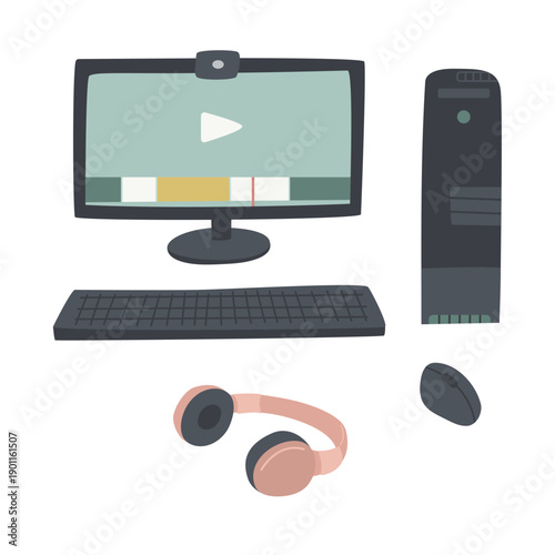 Hand drawn desktop computer set for video editing: monitor with play button and timeline, webcam, keyboard, mouse, PC tower and headphones. Soft pastel flat vector illustration for media production