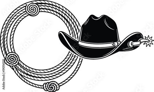 Classic cowboy hat and coiled lasso rope vector illustration isolated on white background for western and rodeo design