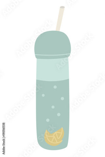 Hand drawn reusable water bottle with straw and lemon slices. Pastel flat vector illustration for hydration, fitness, summer drink and healthy lifestyle.