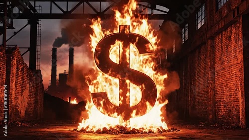 A large burning dollar sign on fire in a destroyed industrial building with sparks flying everywhere, symbolizing economic crisis or financial loss