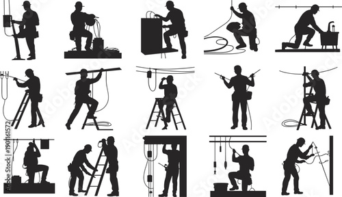 Electrician silhouette set showing professional workers installing, repairing, maintaining electrical systems on ladders, panels, cables, industrial construction safety concept